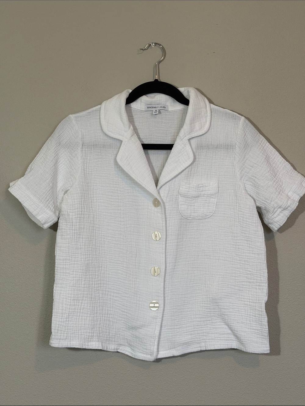 Sincerely Jules White Short-Sleeve Button-Front Double Gauze Cotton Top